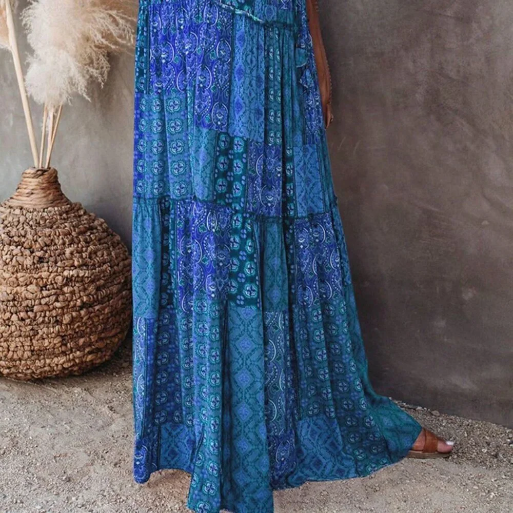 Dark Blue Boho Women's Elastic High Waist A-Line Tiered Long Skirt with Pockets